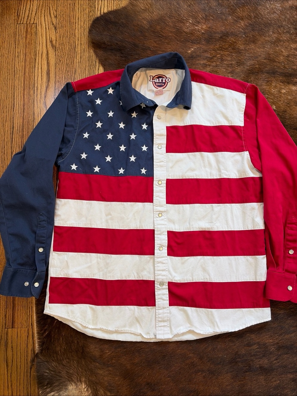 Larro Shirt US L Long Sleeve American Flag USA Stars Stripes Pearl Snap Western
